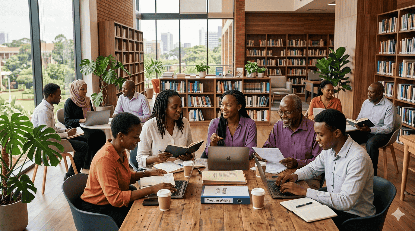Writers and authors collaborating in a modern library space